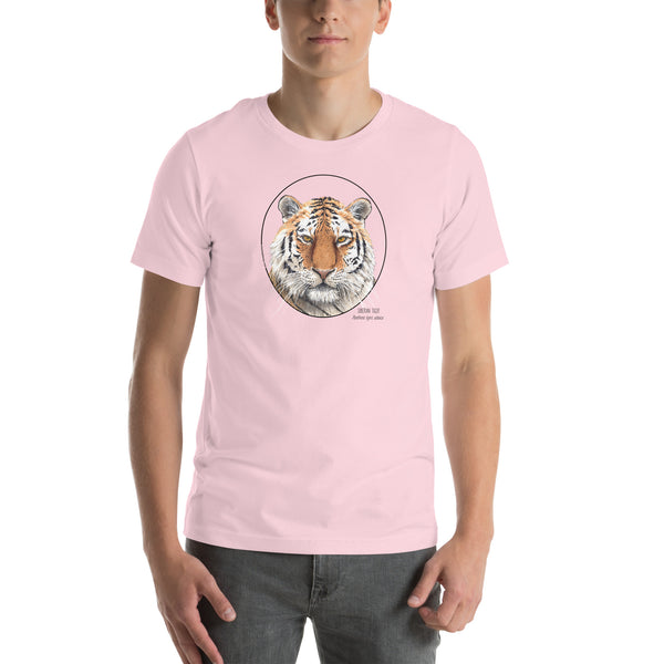 Product mockup of a male model wearing the stunning siberian tiger t-shirt in soft pink colour.