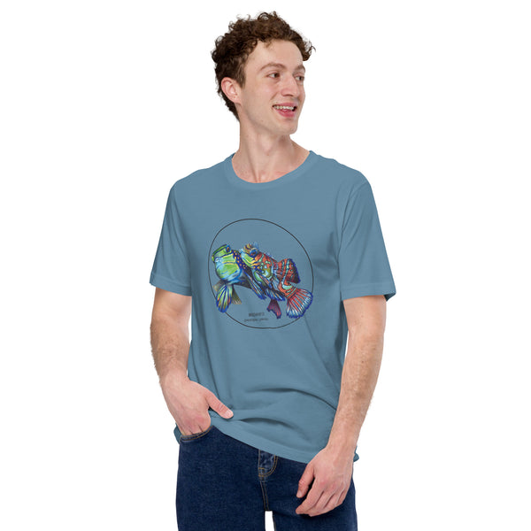 Product mockup showing a male model wearing the t-shirt with the colourful print of two mandarinfish in courtship. Base colour of the shirt is steel blue.