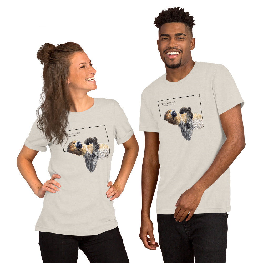 Product mockup with a male and a female model wearing the heather dust coloured shirt.