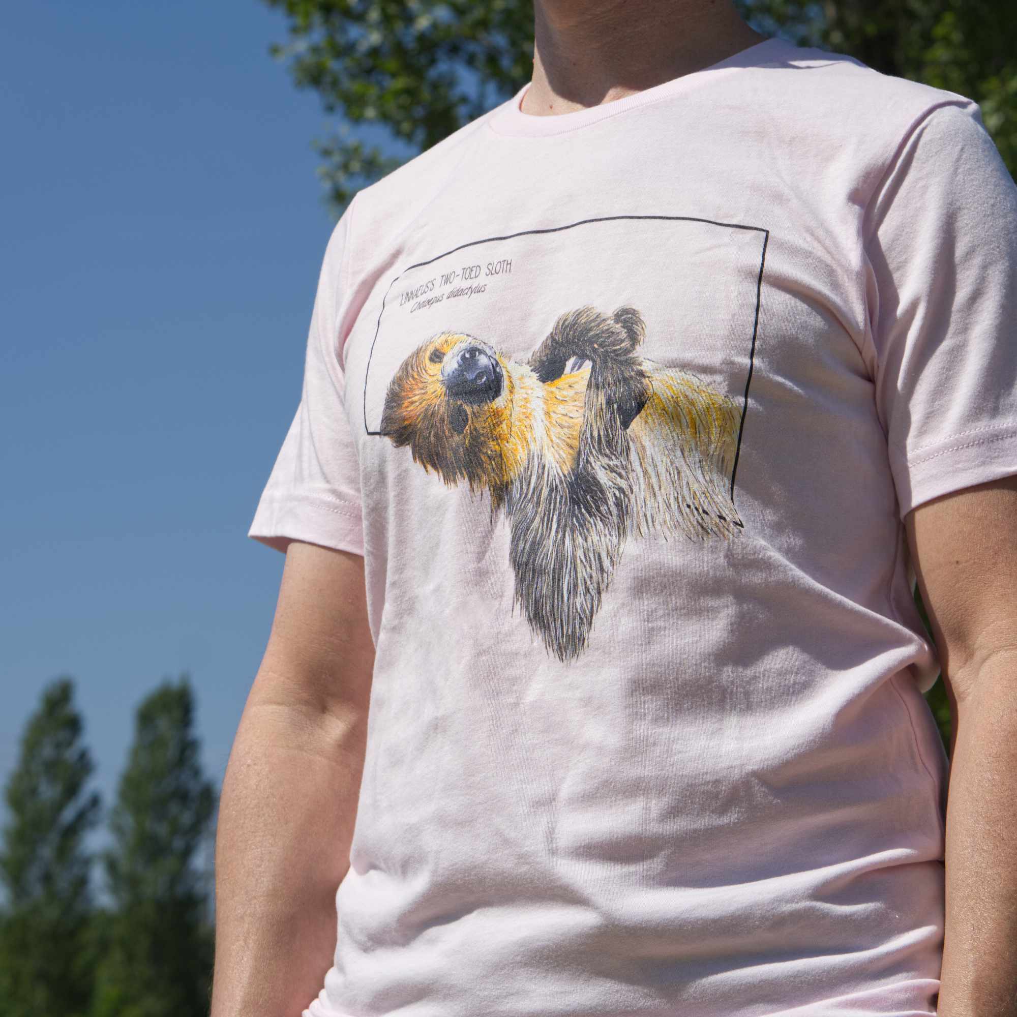 Outdoor close-up photo of a male model standing and wearing the sift pink  linnaeus's two-toed sloth t-shirt. 