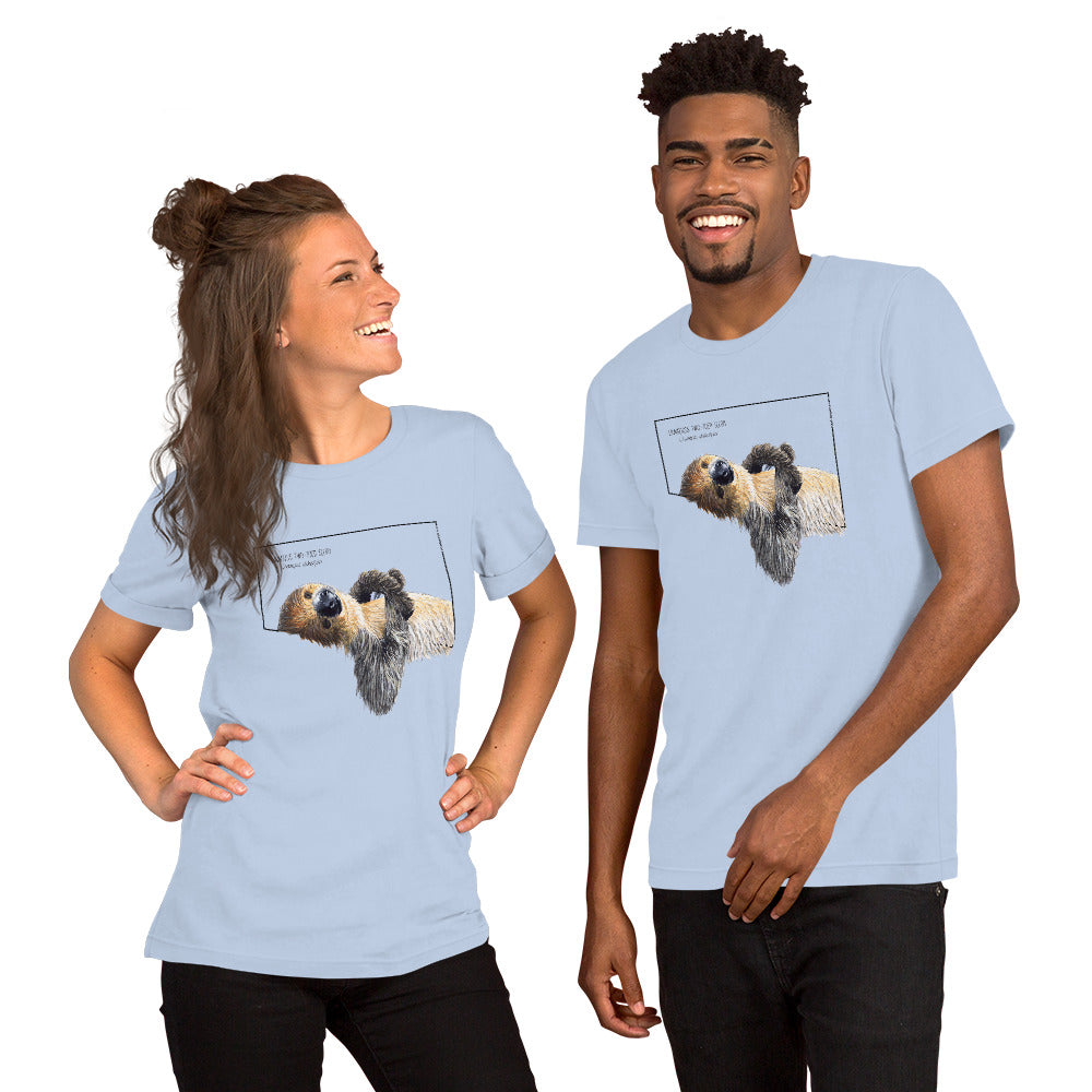 Product mockup with a male and a female model wearing the baby blue coloured shirt.
