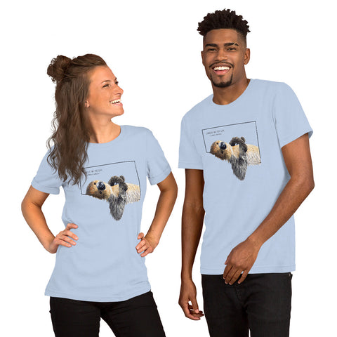 Product mockup with a male and a female model wearing the baby blue coloured shirt.