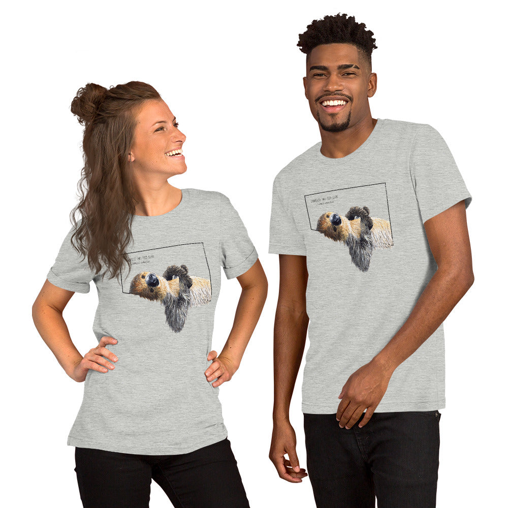 Product mockup with a male and a female model wearing the athletic heather coloured shirt.