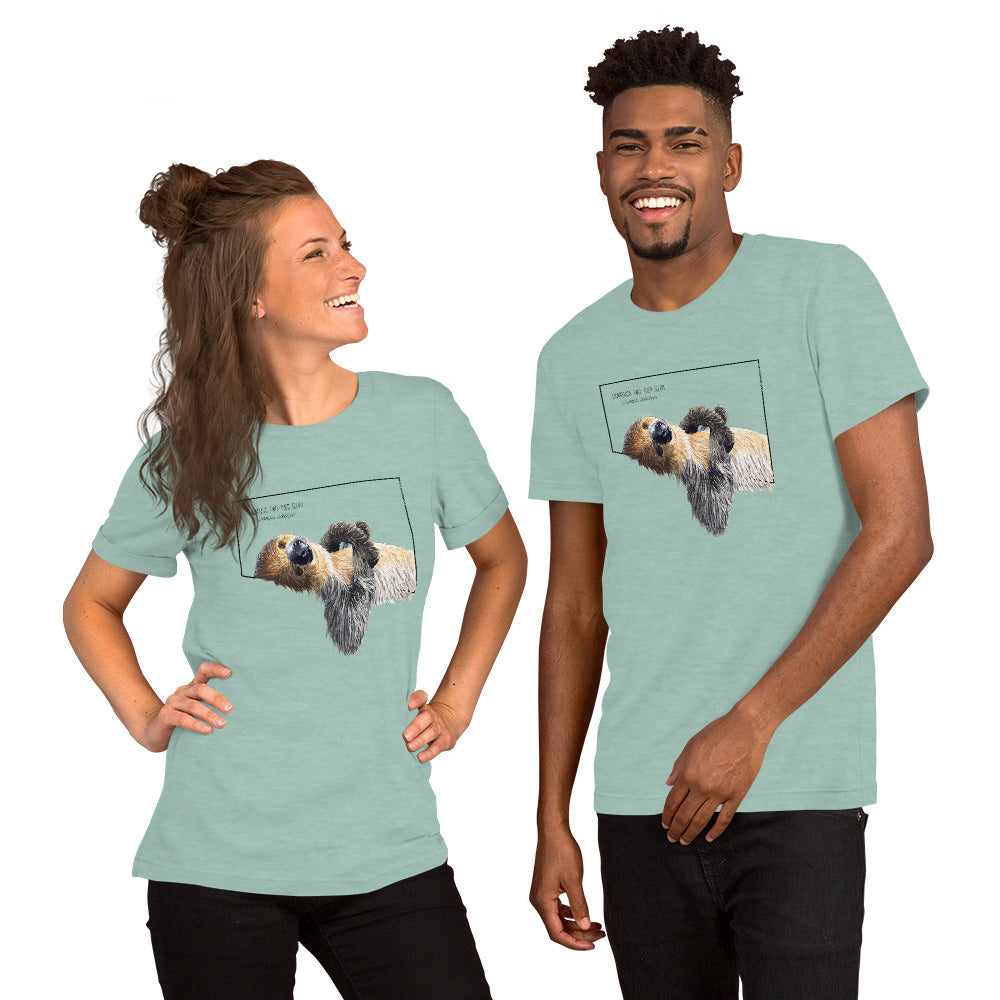 Product mockup with a male and a female model wearing the heather prism dusty blue coloured shirt.