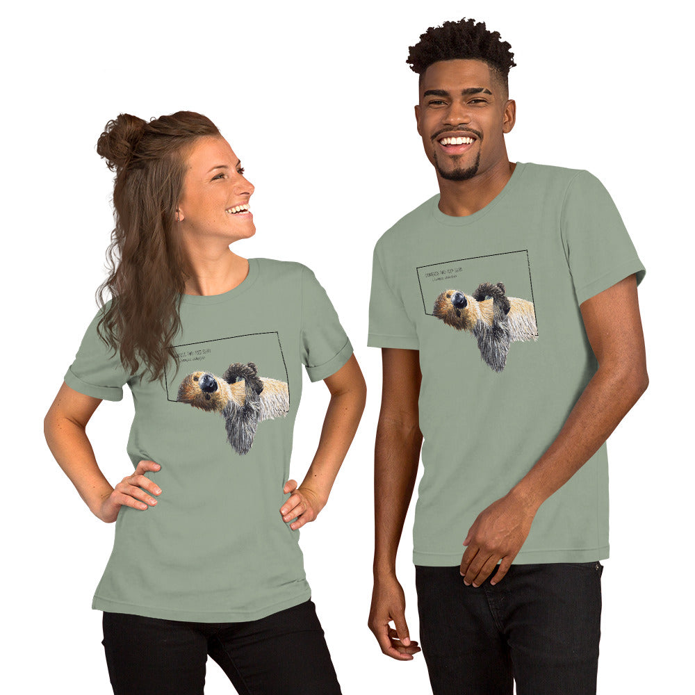 Product mockup with a male and a female model wearing the sage coloured shirt.