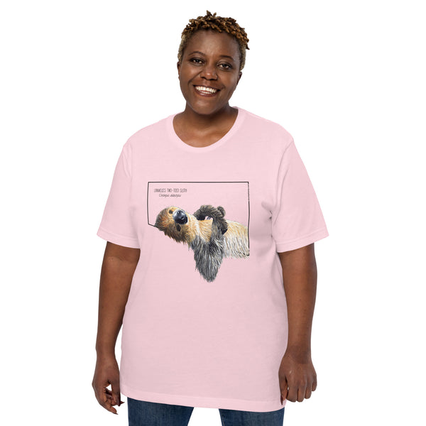 Product mockup with a female model wearing the soft pink coloured shirt in a bigger size.