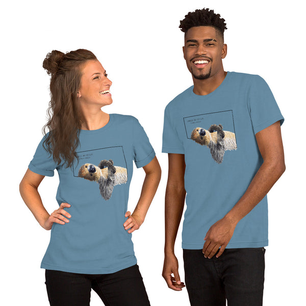 Product mockup with a male and a female model wearing the steel blue coloured shirt.