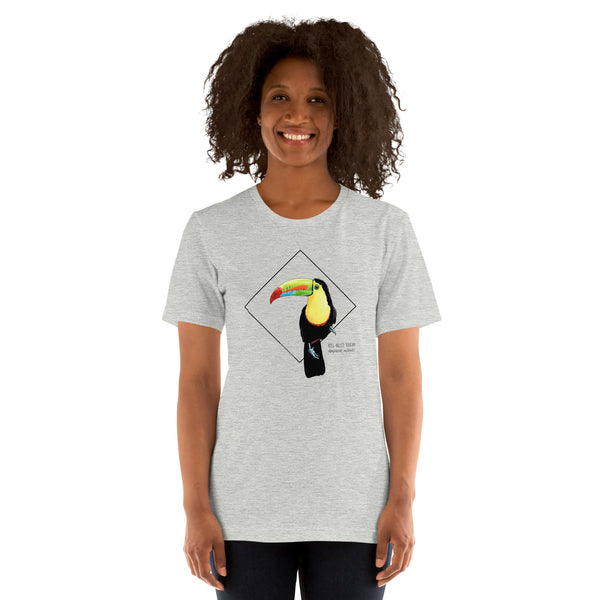 Product mockup showing a female model wearing the keel-billed toucan shirt in the colour athletic heather.