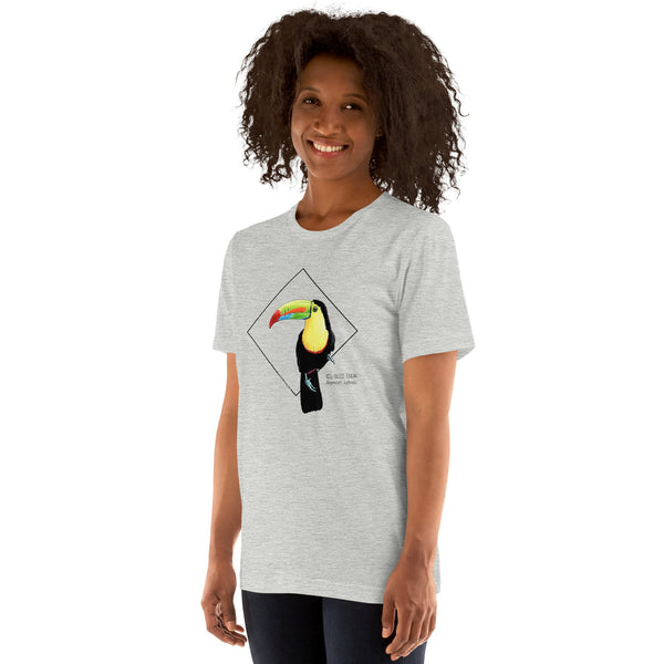 Product mockup showing a female model wearing the keel-billed toucan shirt in the colour athletic heather.