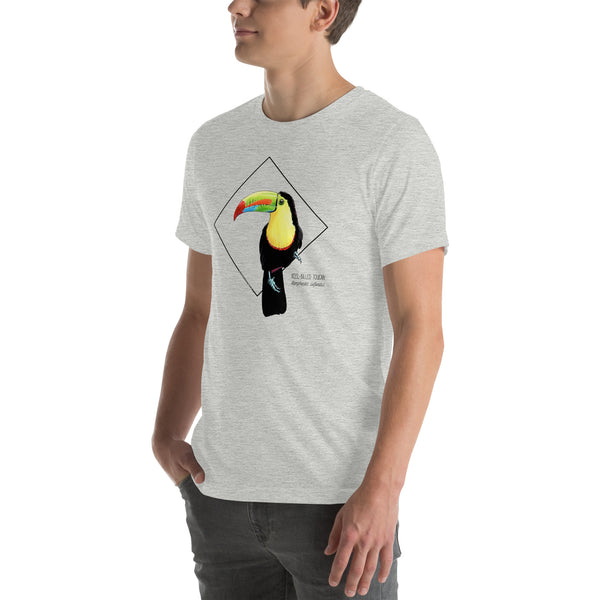 Product mockup showing a male model wearing the keel-billed toucan shirt in the colour athletic heather.