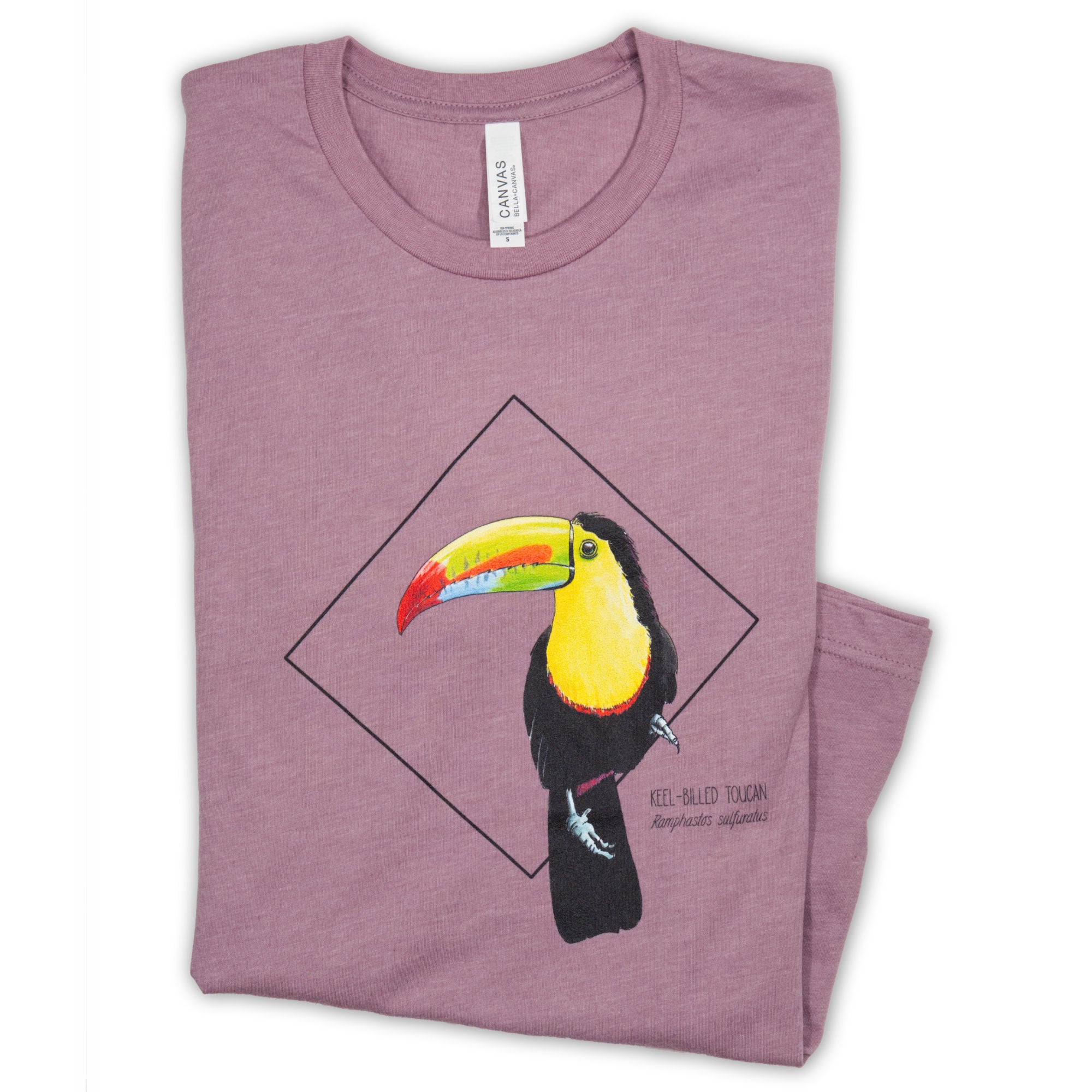 Photo of our stunning keel-billed toucan print, here on a heather orchid coloured t-shirt folded on a white surface.
