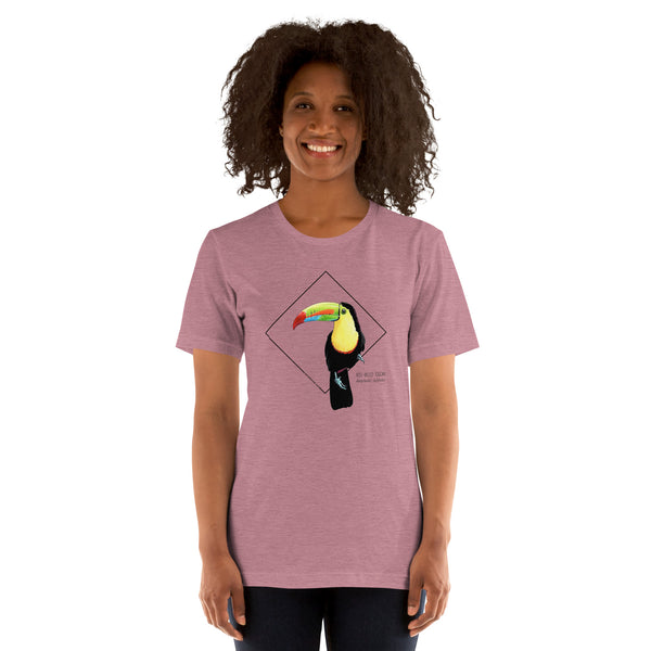Product mockup showing a female model wearing the keel-billed toucan shirt in the colour heather orchid.