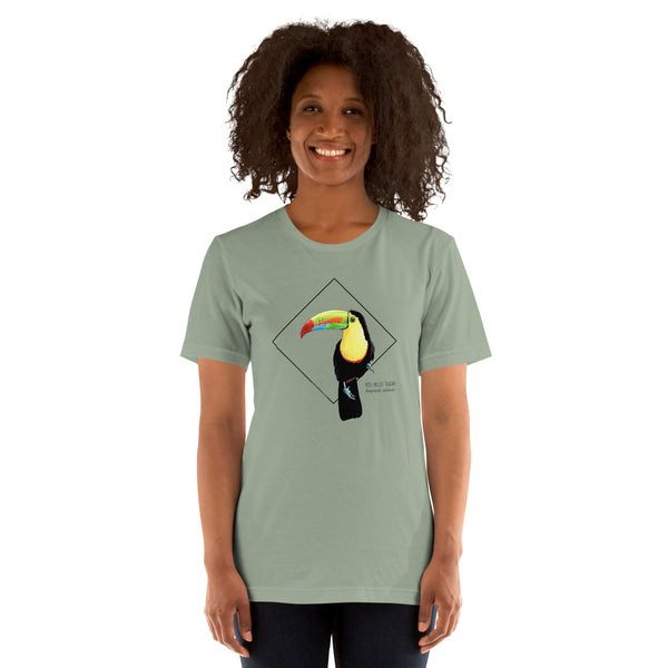 Product mockup showing a female model wearing the keel-billed toucan shirt in the colour sage.
