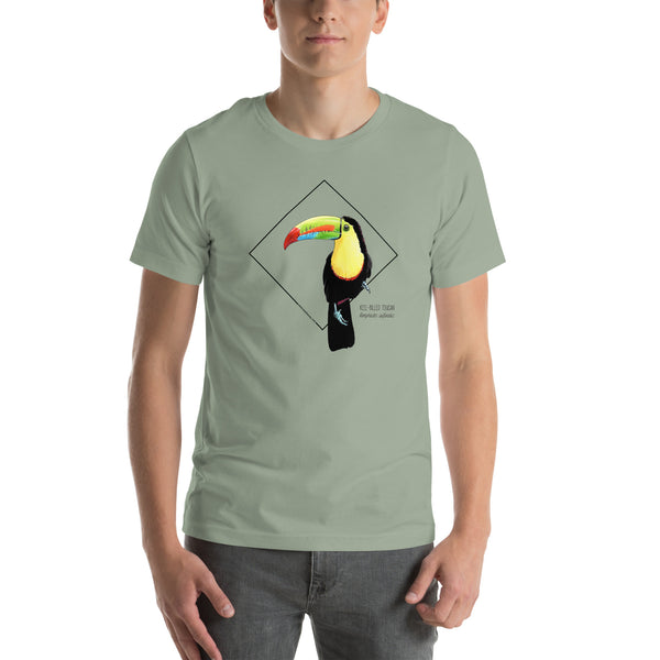 Product mockup showing a male model wearing the keel-billed toucan shirt in the colour sage.