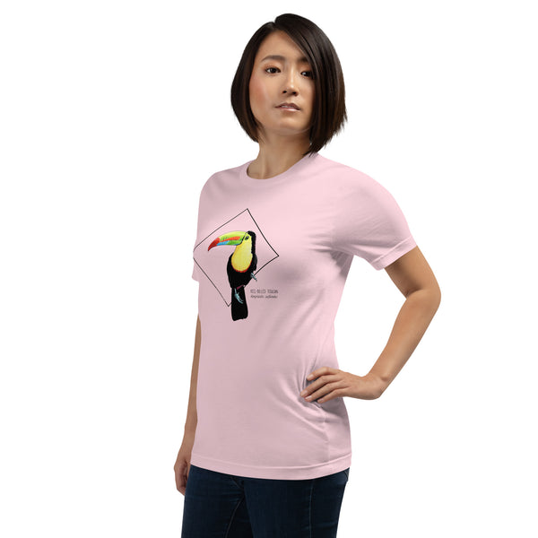 Product mockup showing a female model wearing the keel-billed toucan shirt in the colour soft pink.