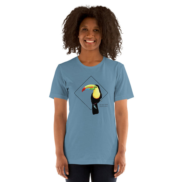 Product mockup showing a female model wearing the keel-billed toucan shirt in the colour steel blue.