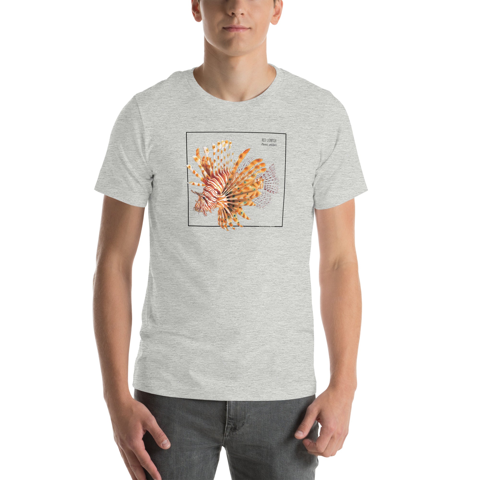 Product mockup with a male model wearing the red lionfish t-shirt in the colour athletic heather.