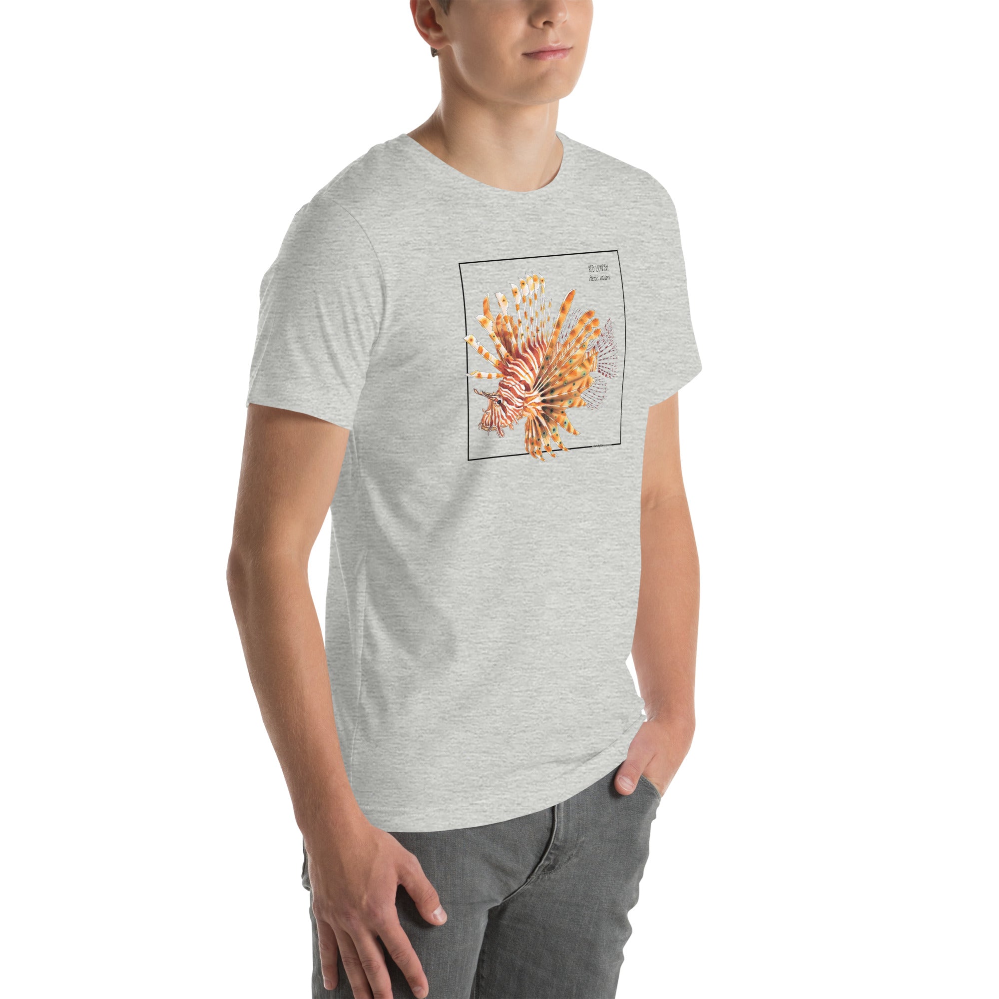 Product mockup with a male model wearing the red lionfish t-shirt in the colour athletic heather.