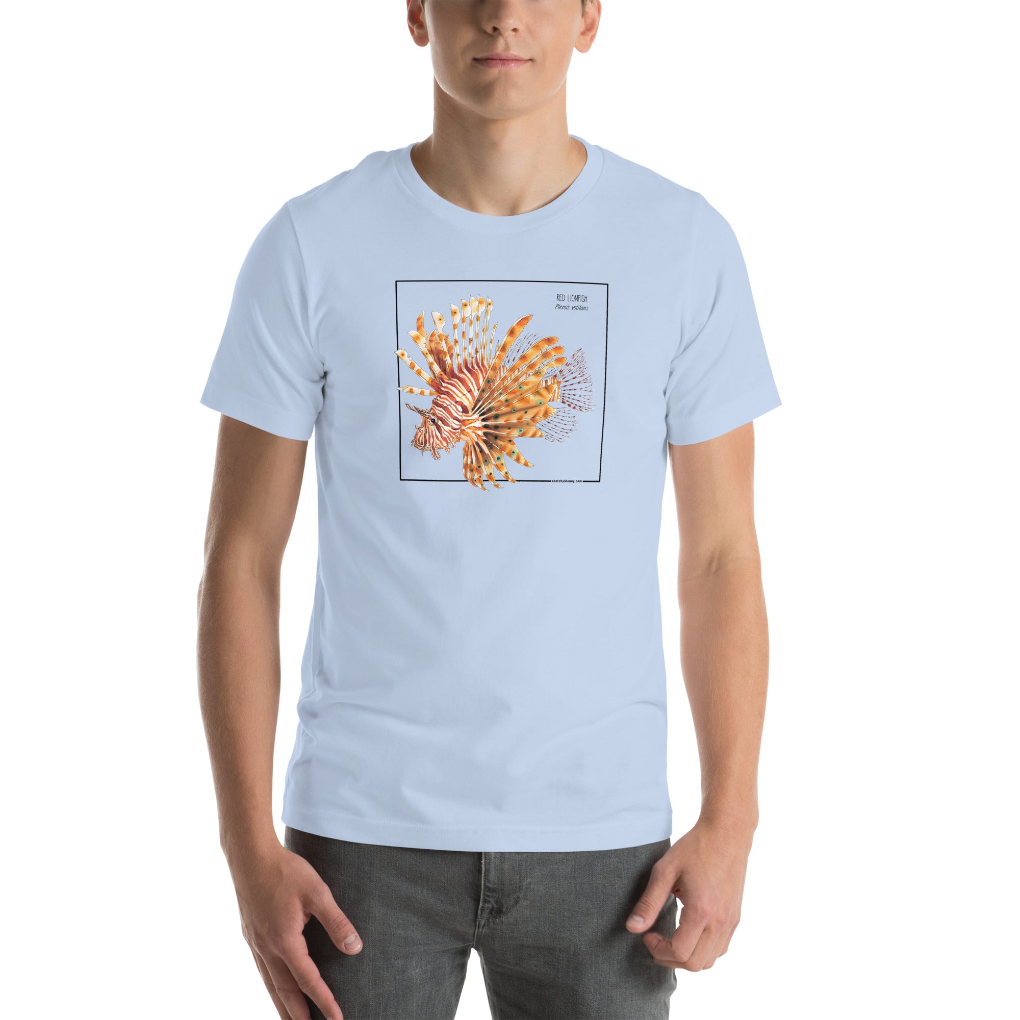Product mockup with a male model wearing the red lionfish t-shirt in the colour baby blue.