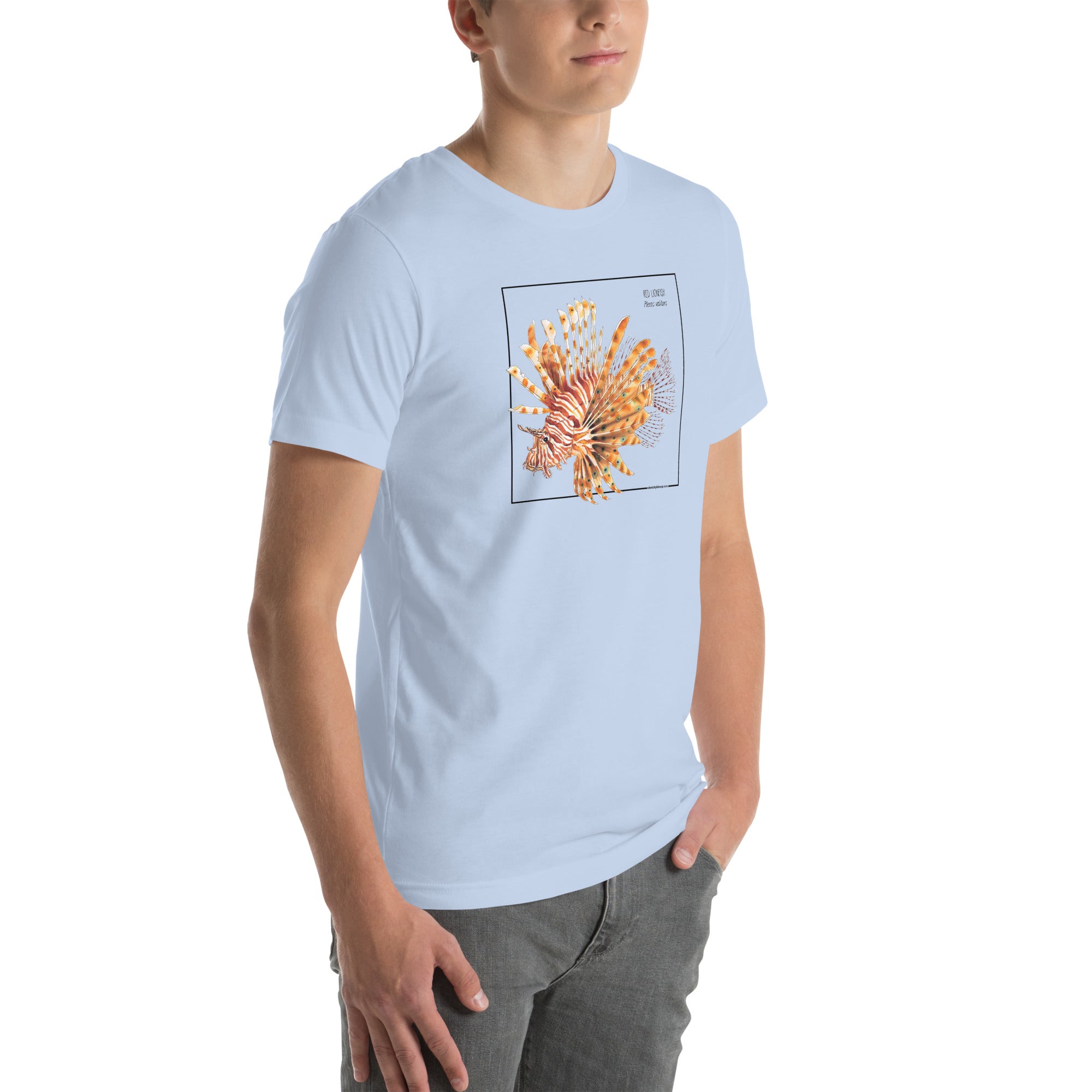 Product mockup with a male model wearing the red lionfish t-shirt in the colour baby blue.