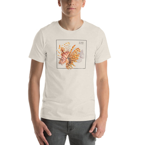Product mockup with a male model wearing the red lionfish t-shirt in the colour heather dust.