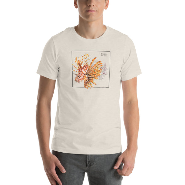 Product mockup with a male model wearing the red lionfish t-shirt in the colour heather dust.