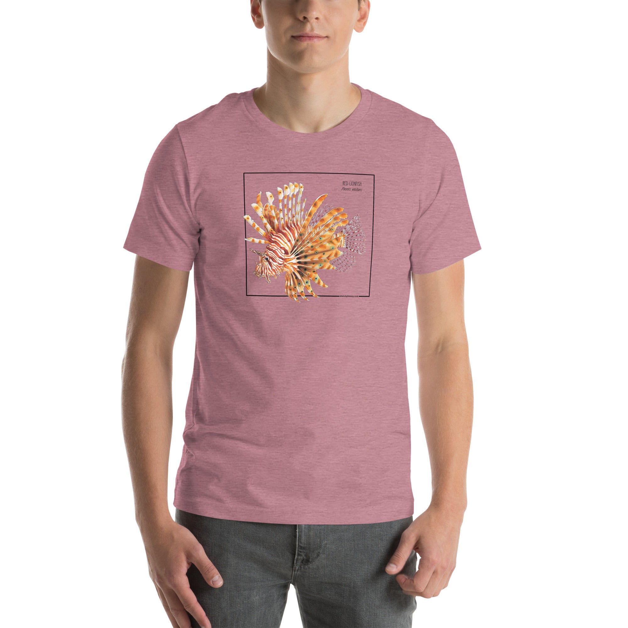 Product mockup with a male model wearing the red lionfish t-shirt in the colour heather orchid.
