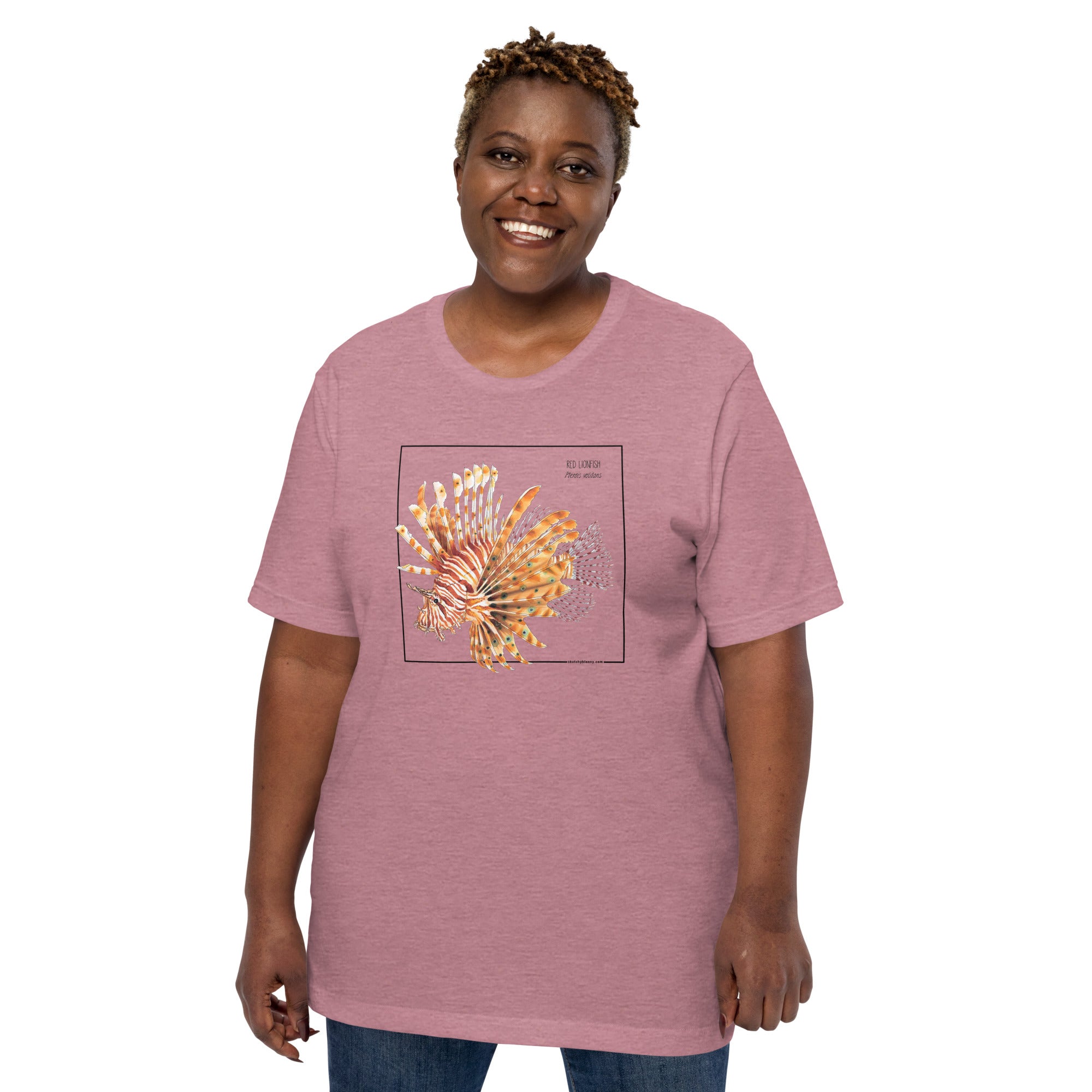Product mockup with a female model wearing the red lionfish t-shirt in the colour heather orchid.