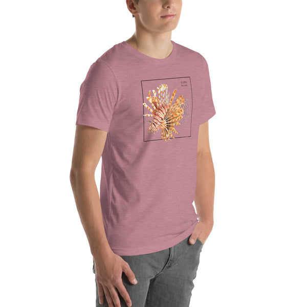 Product mockup with a male model wearing the red lionfish t-shirt in the colour heather orchid.