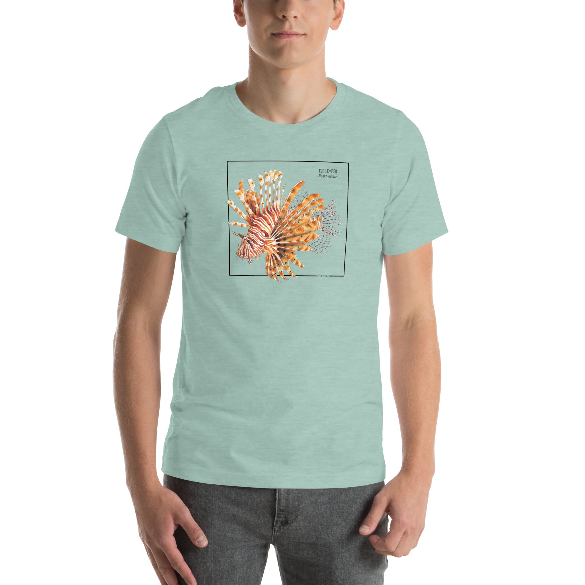 Product mockup with a male model wearing the red lionfish t-shirt in the colour heather prism dusty blue.