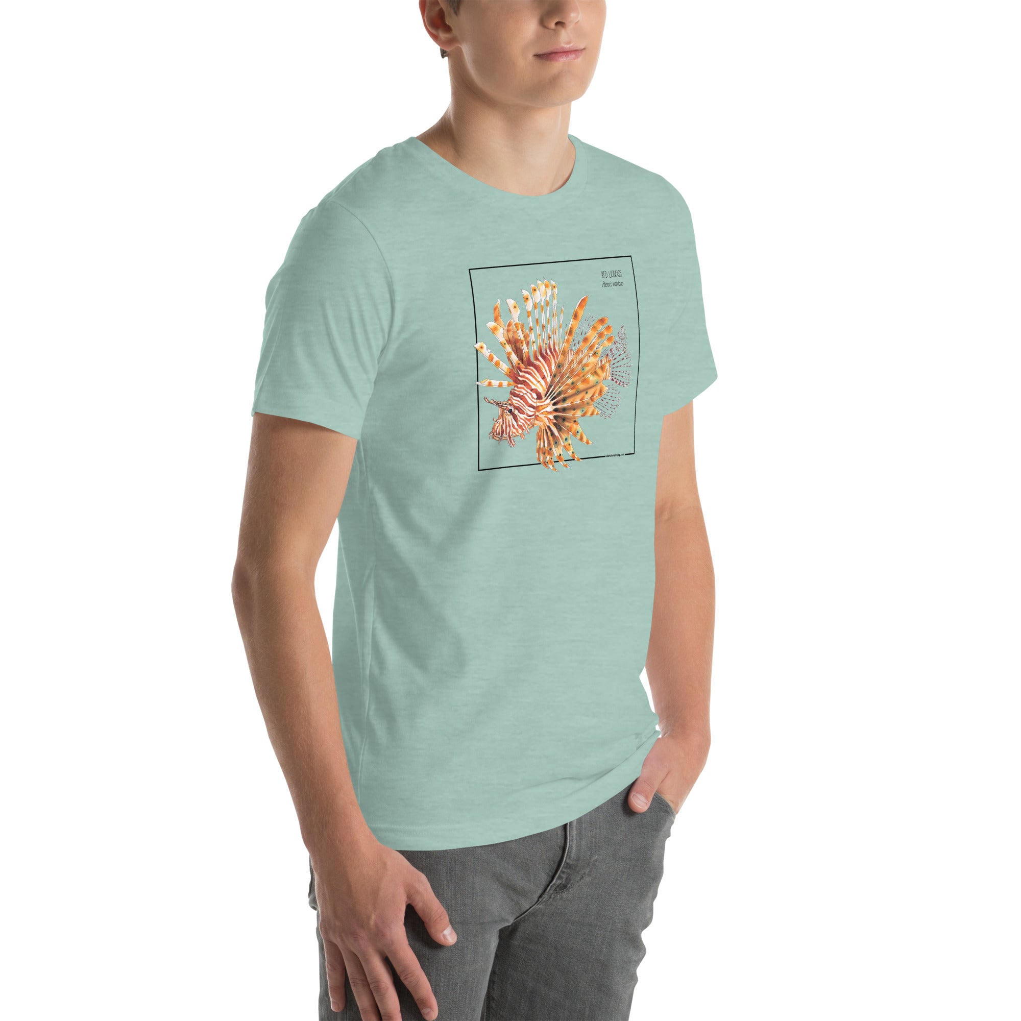Product mockup with a male model wearing the red lionfish t-shirt in the colour heather prism dusty blue.