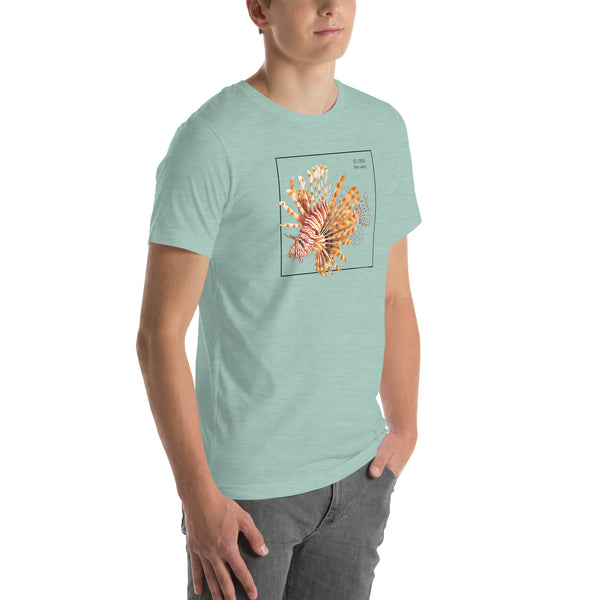 Product mockup with a male model wearing the red lionfish t-shirt in the colour heather prism dusty blue.