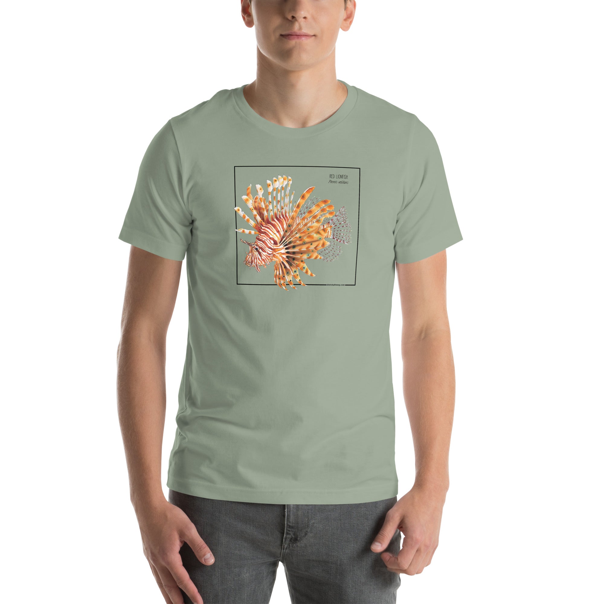 Product mockup with a male model wearing the red lionfish t-shirt in the colour sage.