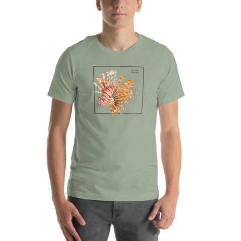 Product mockup with a male model wearing the red lionfish t-shirt in the colour sage.
