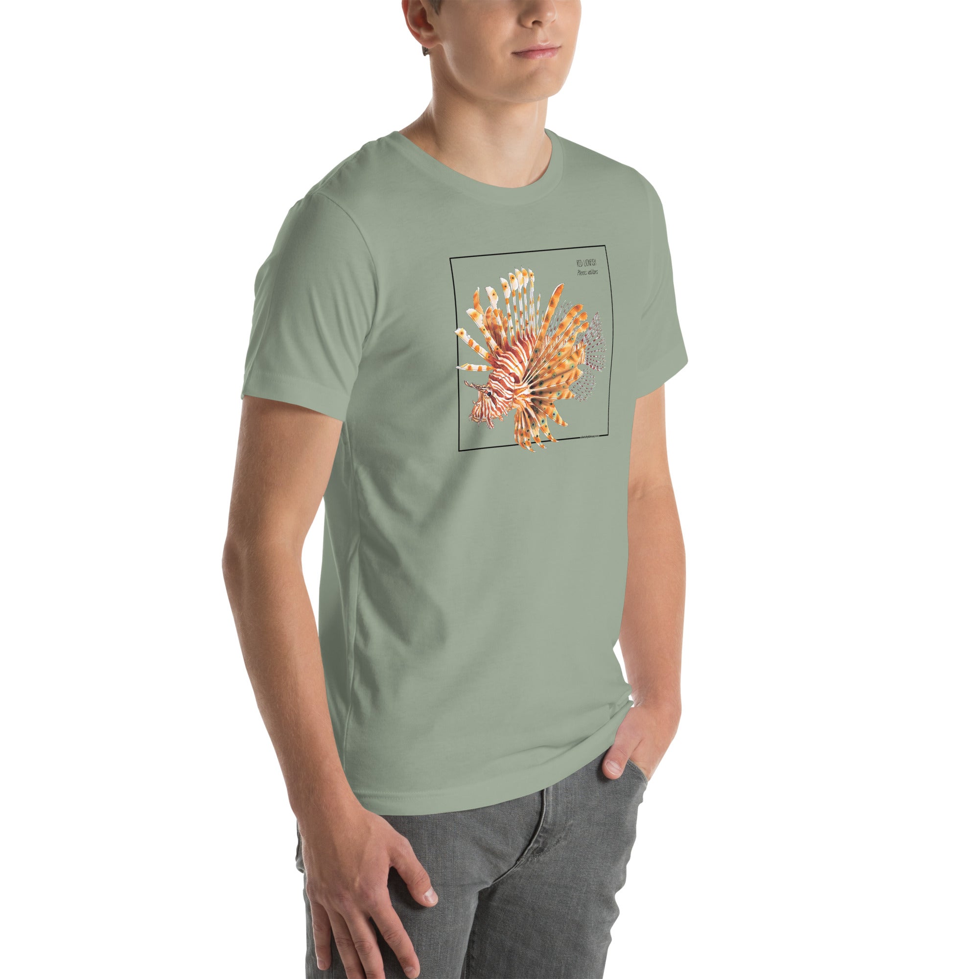 Product mockup with a male model wearing the red lionfish t-shirt in the colour sage.