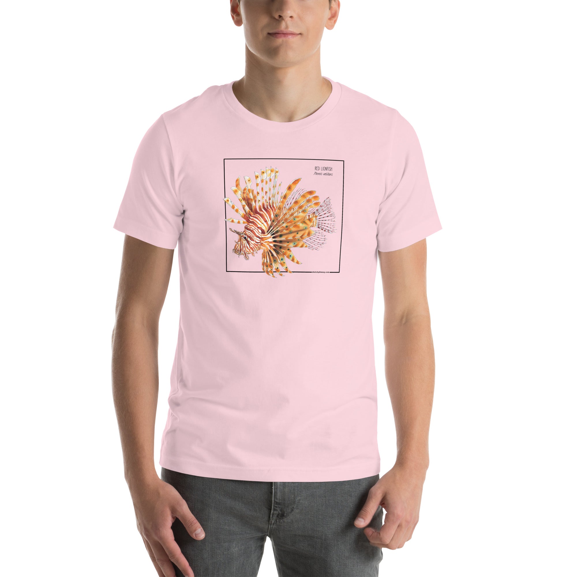 Product mockup with a male model wearing the red lionfish t-shirt in the colour soft pink.