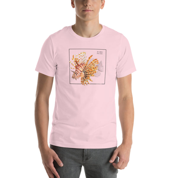 Product mockup with a male model wearing the red lionfish t-shirt in the colour soft pink.