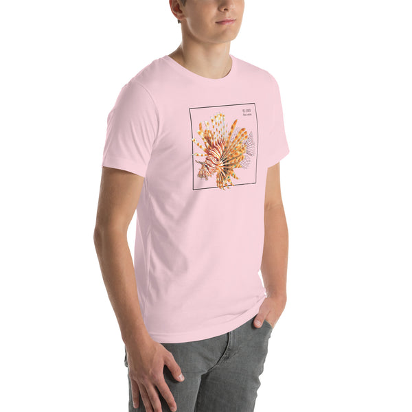 Product mockup with a male model wearing the red lionfish t-shirt in the colour soft pink.