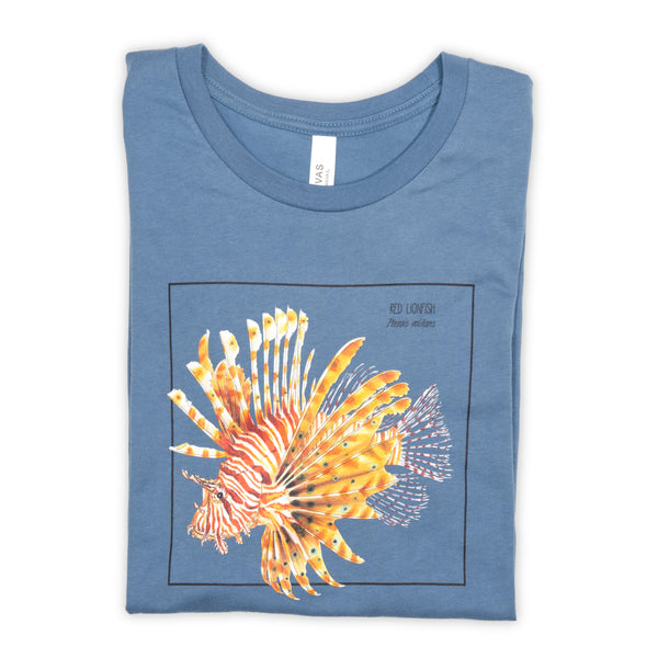 Photo of our steel blue t-shirt with a stunning red lionfish print folded on a white surface.