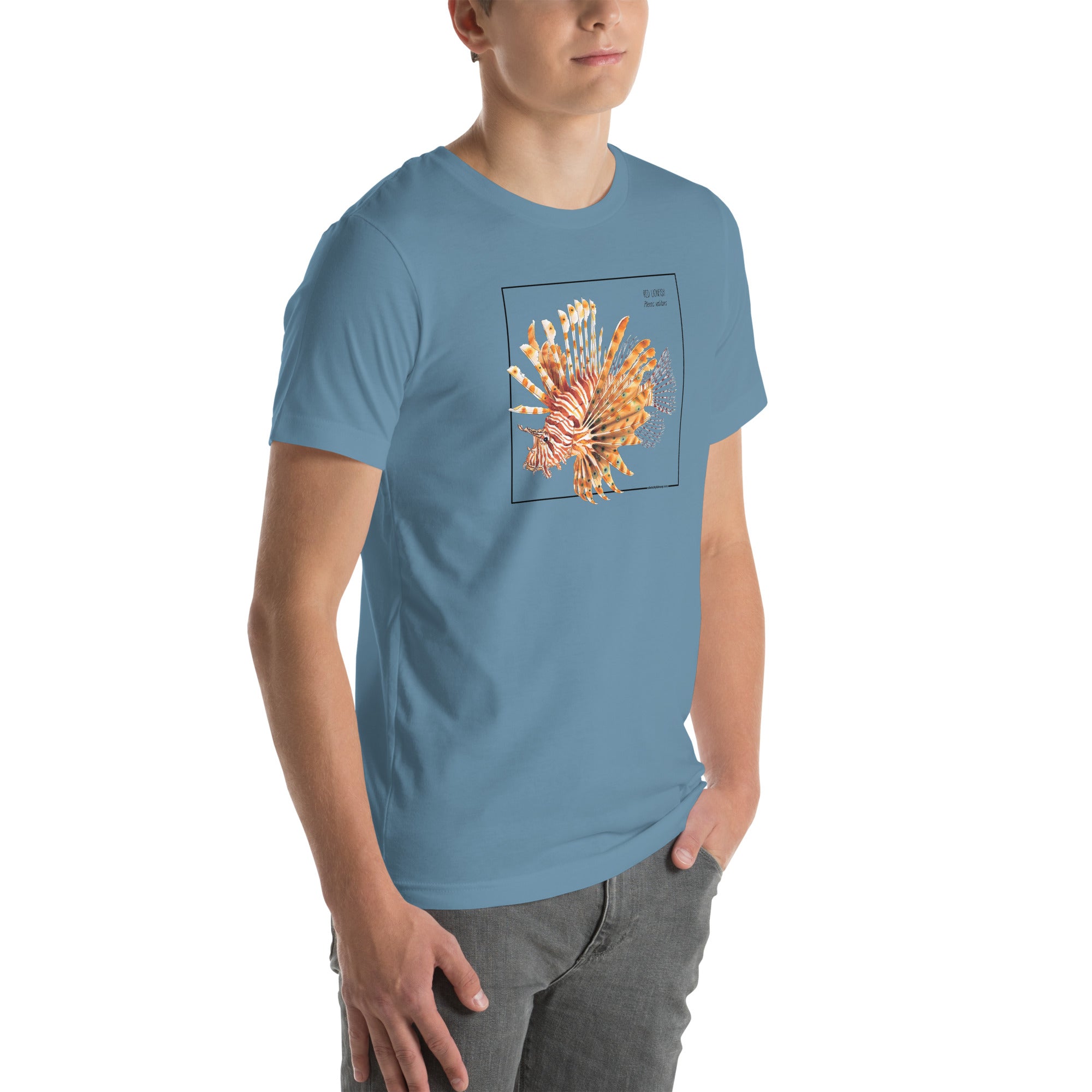 Product mockup with a male model wearing the red lionfish t-shirt in the colour steel blue.