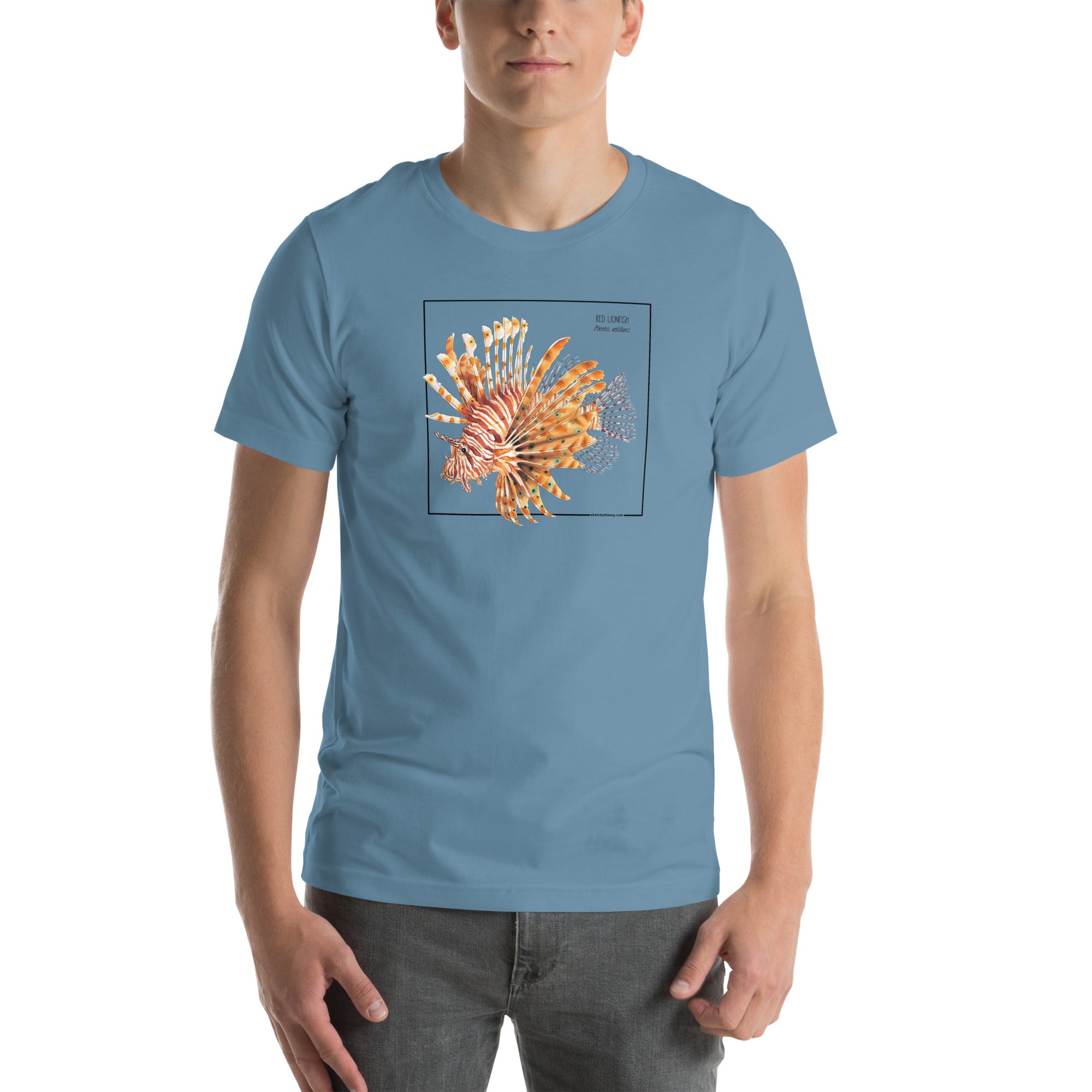 Product mockup with a male model wearing the red lionfish t-shirt in the colour steel blue.