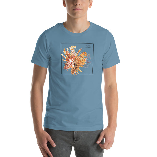 Product mockup with a male model wearing the red lionfish t-shirt in the colour steel blue.
