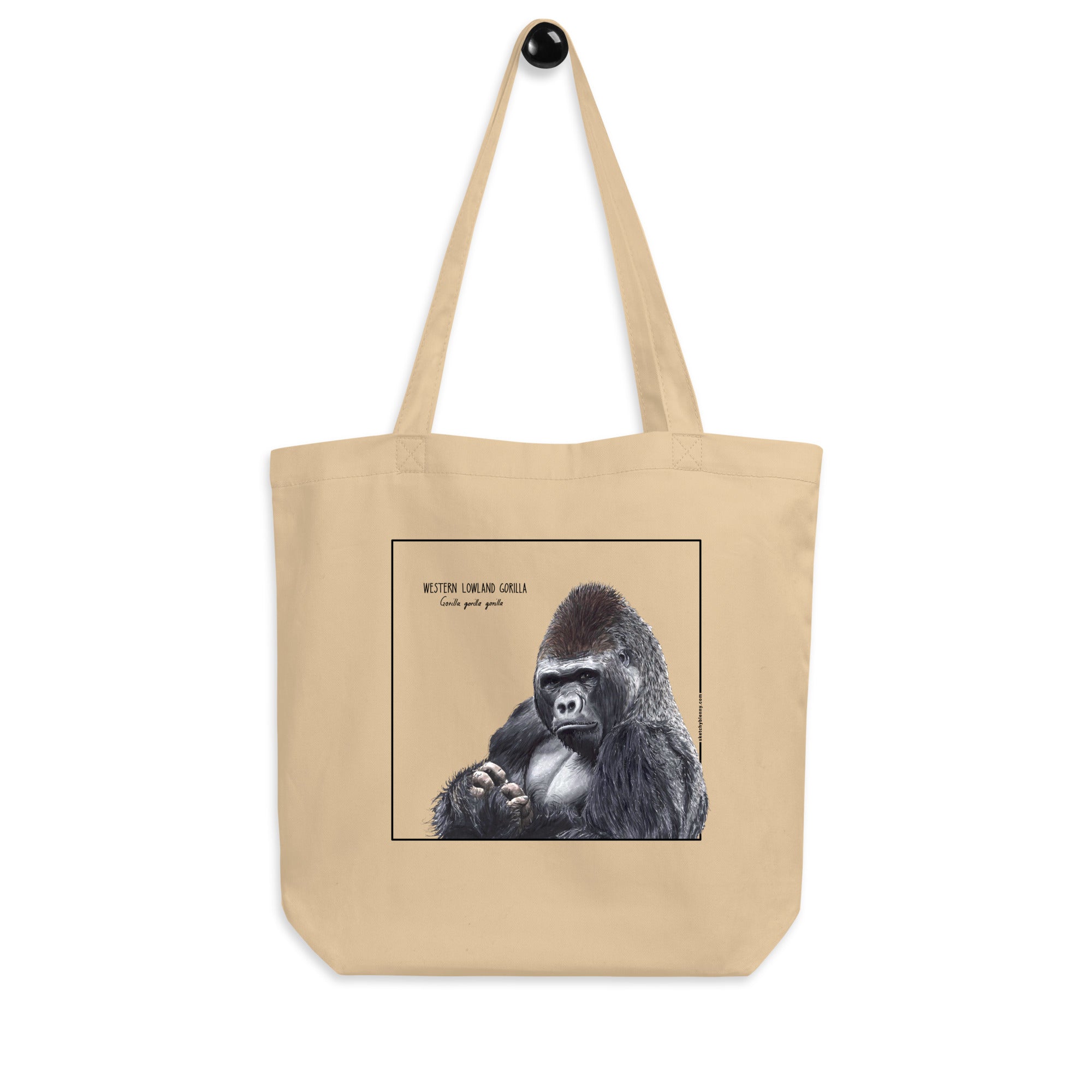 Product mockup of our tote bag with a beautiful print of a hand-drawn animal. This one features western lowland gorilla. 