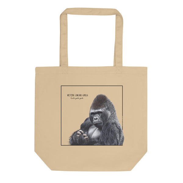 Product mockup of our tote bag with a beautiful print of a hand-drawn animal. This one features western lowland gorilla. 100% organic cotton. Beach bag, shopping bag, travel bag, or just as a present. PETA-approved vegan.