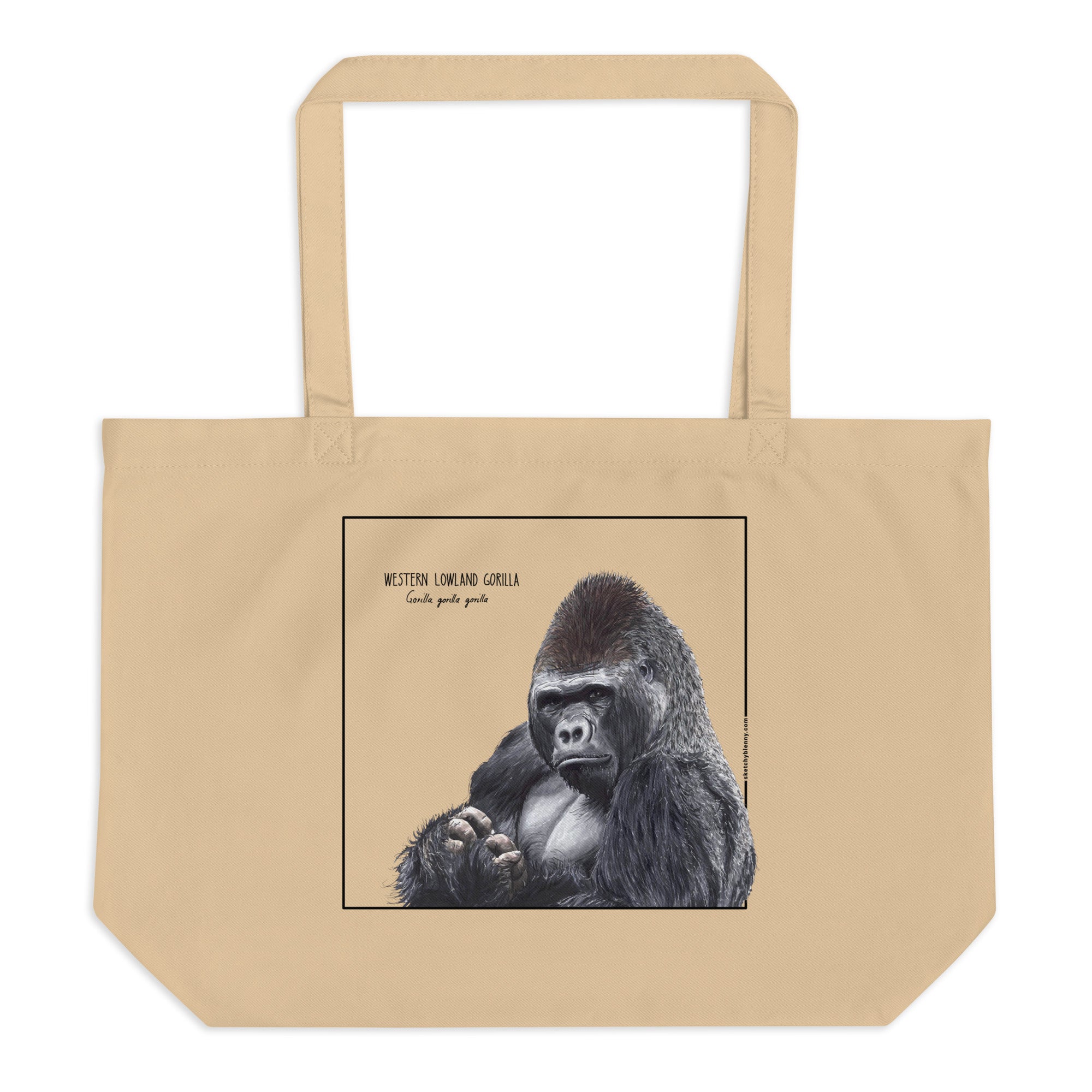 Product mockup of our tote bag with a beautiful print of a hand-drawn animal. This one features western lowland gorilla. The perfect shopping bag, beach bag or gym bag!
