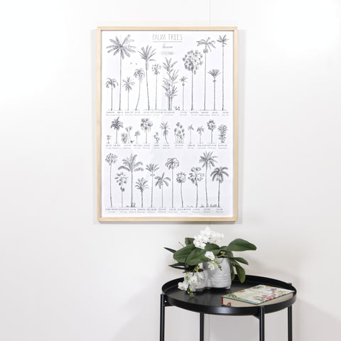 Modern, black and white poster (50x70cm / 20x28“) of Palm trees native to Oceania with all its islands and atolls. Scientific and English names. Quality print of hand drawn palm trees, drawn in black ink with details and animals for size comparison. Ready-to-hang frame in natural wood.