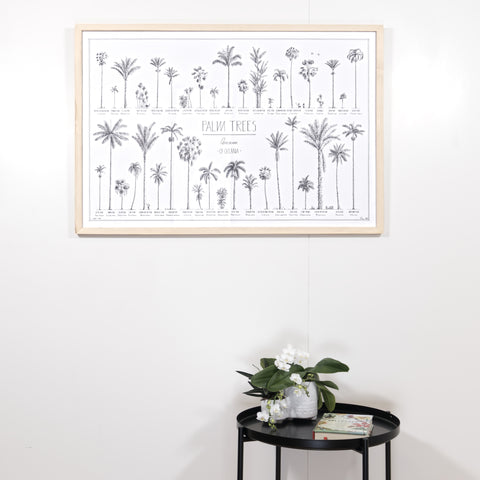 Modern, black and white poster (90x60cm / 36x24") of Palm trees native to Oceania with all its islands and atolls. Scientific and English names. Quality print of hand drawn palm trees, drawn in black ink with details and animals for size comparison. Natural wooden frame, ready to hang.
