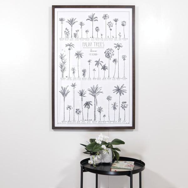 Modern, black and white poster (60x90cm / 24x36“) of Palm trees native to Oceania with all its islands and atolls. Scientific and English names. Quality print of hand drawn palm trees, drawn in black ink with details and animals for size comparison. Dark wood frame, ready to hang!