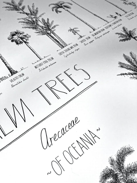 Close-up of a poster. Details of the beautiful hand-drawn trees and hand-lettering.