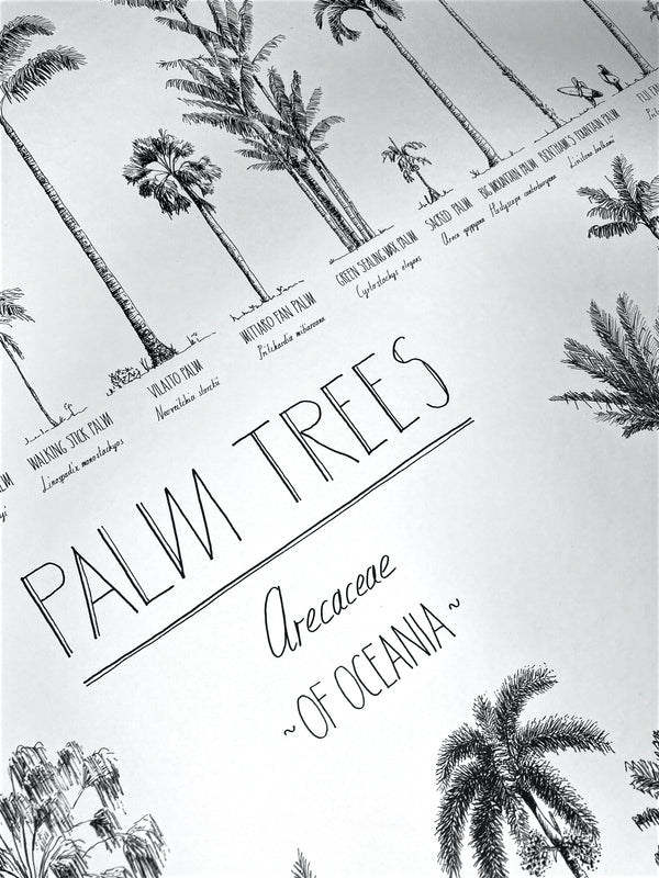 Close-up of a poster. Details of the beautiful hand-drawn trees and hand-lettering.